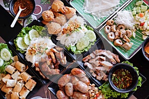 Mixed Asian food, Vietnamese and Thai food.